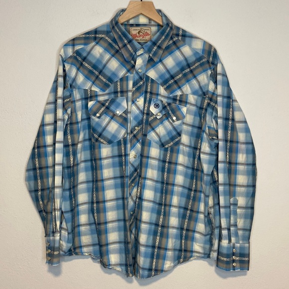 Wrangler XL Western Pearl Snap Plaid Button Down Long Sleeve Shirt Blue - Picture 6 of 6